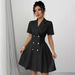 Women's Summer Solid Color Short Sleeve Belted Double Breasted Dress - V-Neck, Midi Length, Workwear & Casual Elegance_ecoleips.com