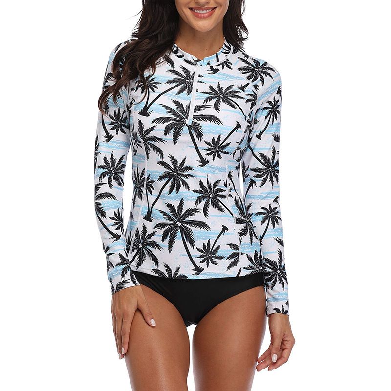 Women's Long Sleeved Zip up Tankini Swimsuit European American Style Printed Two Piece Sun Protection Surfing Suit_ecoleips.com