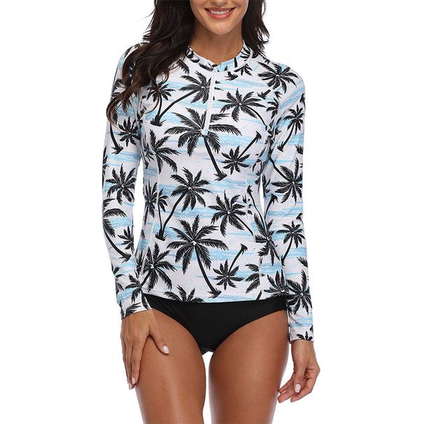 Women's Long Sleeved Zip up Tankini Swimsuit European American Style Printed Two Piece Sun Protection Surfing Suit_ecoleips.com