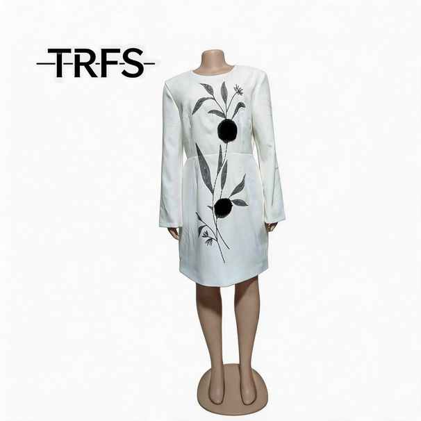 Summer New Women's Long Sleeve Dress White a Line Midi Skirt round Neck Sequin Embroidery Floral Decoration Straight Cut_ecoleips.com