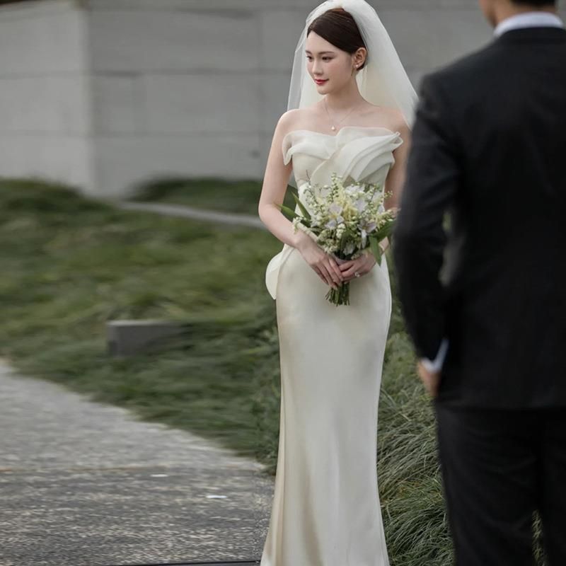 Ethereal Strapless Light Wedding Dress Women's Forest Inspired Satin Bridal Gown Mermaid Style Spring 2026_ecoleips.com