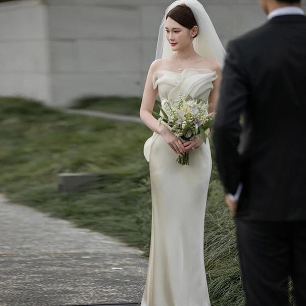 Ethereal Strapless Light Wedding Dress Women's Forest Inspired Satin Bridal Gown Mermaid Style Spring 2026_ecoleips.com