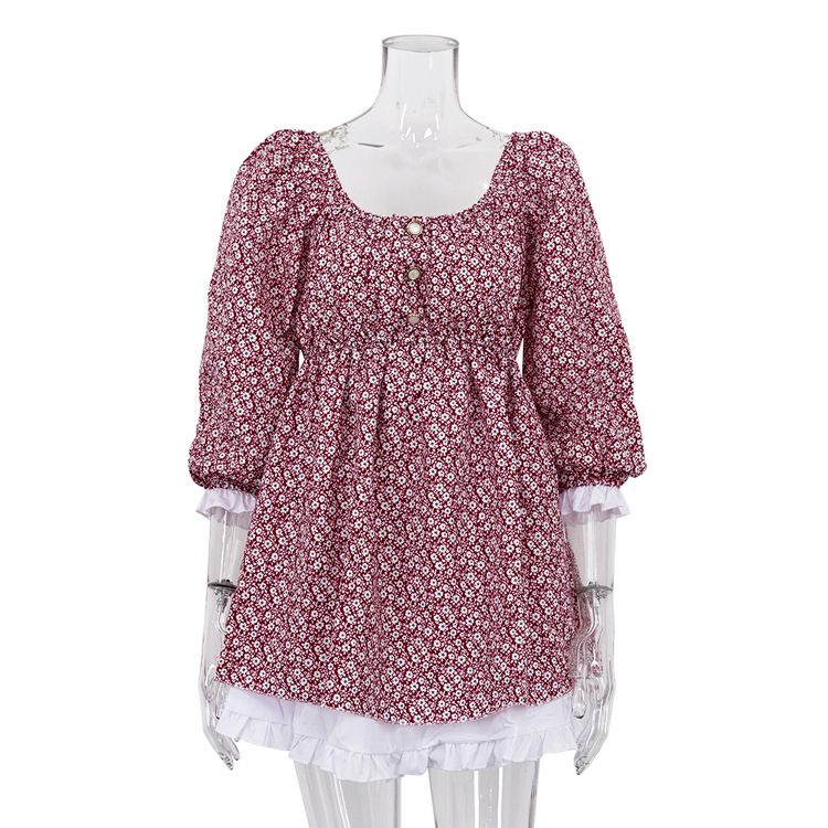 2026 European And American Women's Spring New Printed Dress, Fashionable Puff Sleeves, Square Neck, Slimming A-line_ecoleips.com