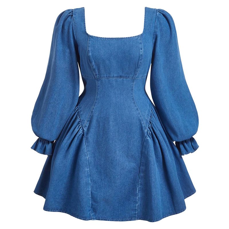 K Women's Long Sleeved Waist Cinching And Slimming Dress Denim Skirt_ecoleips.com