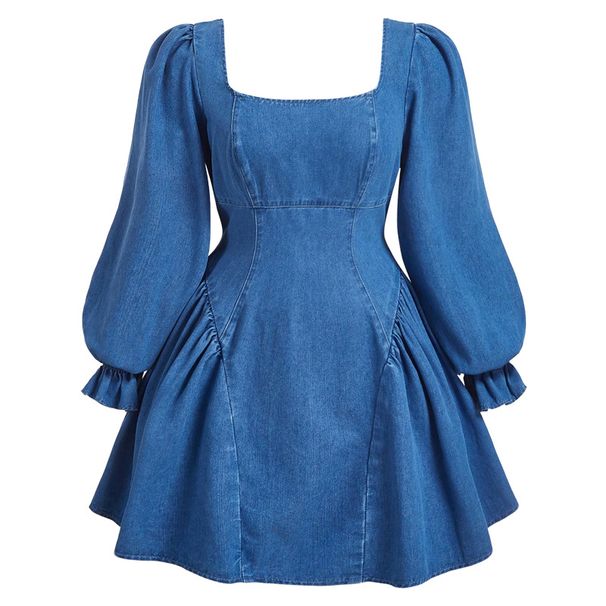 K Women's Long Sleeved Waist Cinching And Slimming Dress Denim Skirt_ecoleips.com