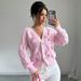 Women's Pink 3D Bow Cable Knit Cardigan, Long Sleeve V Neck Button Down Open Front Sweater, Casual Soft Cropped Knitwear For Daily Wear Streetwear Dat_ecoleips.com