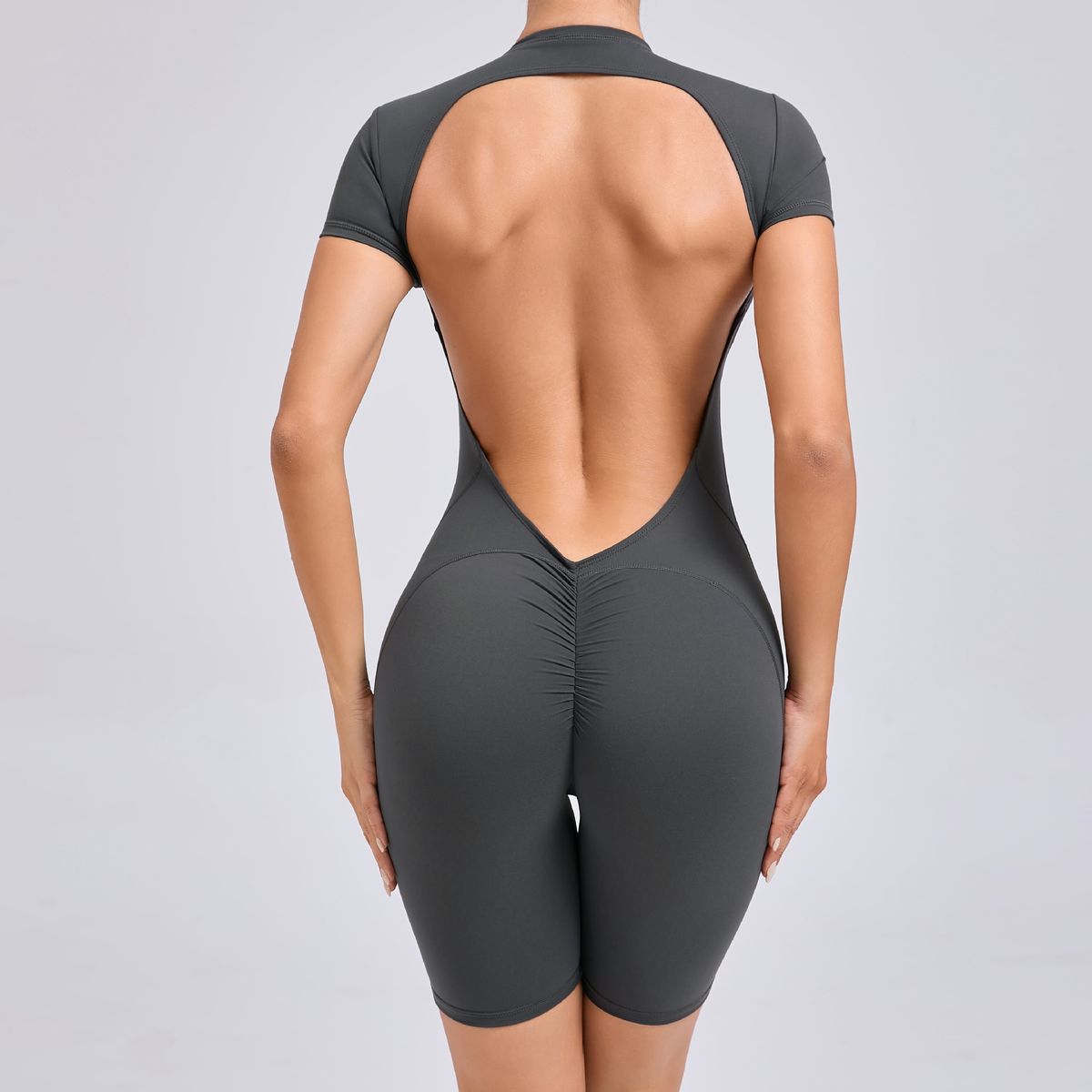 Women's Backless Yoga Jumpsuit Dance Fitness Sports Tight Short Sleeve Zipper European American Style 80-150 Size_ecoleips.com