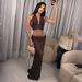 Deep V Halter Tie-Front Top With Sequin Low-Waist Skirt Set - Women's Sexy Evening Outfit Sensational Deep V Halter Neckline_ecoleips.com