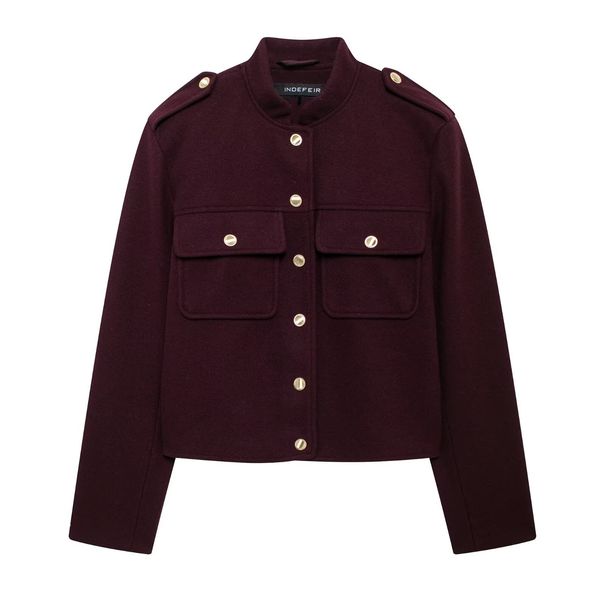 Women's Grey Stand Collar Wool Blend Jacket, Gold Button Decor Short Military Style Coat, Long Sleeve Pocket Casual Outerwear For Daily Commute Street_ecoleips.com