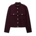 Women's Grey Stand Collar Wool Blend Jacket, Gold Button Decor Short Military Style Coat, Long Sleeve Pocket Casual Outerwear For Daily Commute Street_ecoleips.com