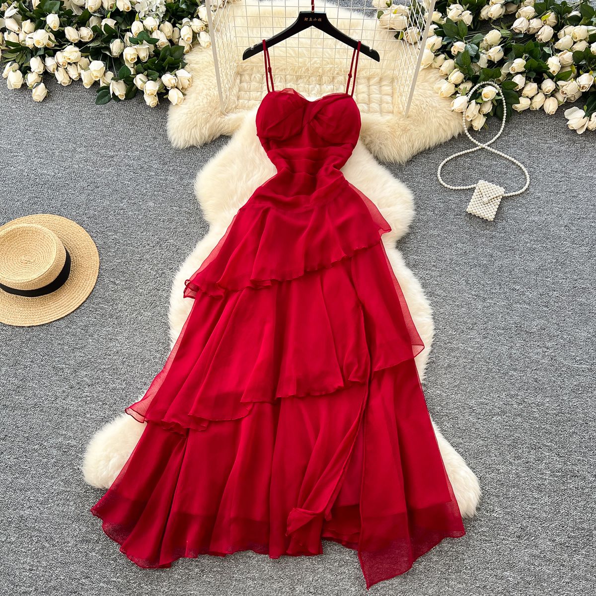 Red Strapless Resort Style Dress for Women High End Feel Pleated Waist French Style Irregular Ruffled Hem_ecoleips.com
