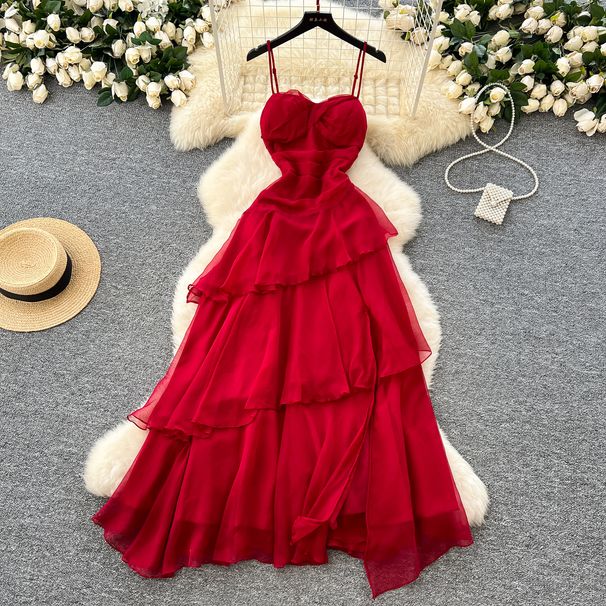 Red Strapless Resort Style Dress for Women High End Feel Pleated Waist French Style Irregular Ruffled Hem_ecoleips.com