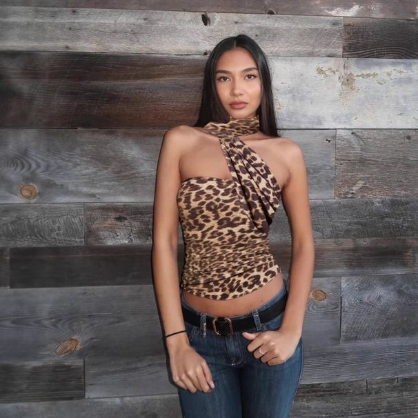 Women's Leopard Print Off-Shoulder Top European American Style Summer New Ruffled Slim Fit Ribbon Vest_ecoleips.com