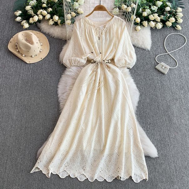 Women's French Style Round Neck Dress Elegant Lantern Sleeve Hollowed Out Embroidery Slimming Waist For Autumn_ecoleips.com