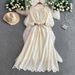 Women's French Style Round Neck Dress Elegant Lantern Sleeve Hollowed Out Embroidery Slimming Waist For Autumn_ecoleips.com