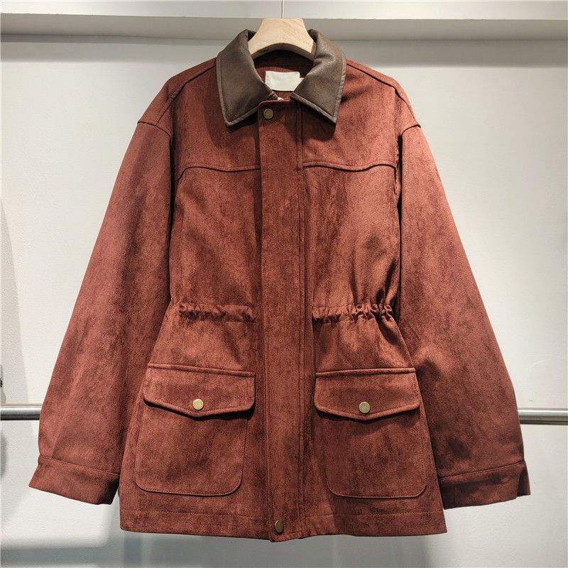 Retro PU Suede Zip-Up Trench Coat For Women – Oversized Streetwear Jacket With Stand Collar In Wine/Brown/Taupe, Fall Layering Essential_ecoleips.com