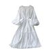Ethereal French-Inspired White Dress – Ruffled Lace-Up Waist Midi Dress With 3D Floral Appliqués (White/Beige, One Size) | Romantic & Boho Chic_ecoleips.com