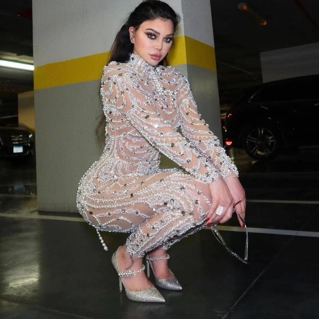 Women's Clothing Slim Fit See Through Sequin Jumpsuit Long Pants Sexy Dress_ecoleips.com