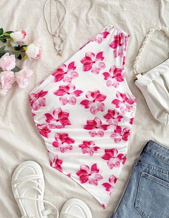 Women's Fashion New Design Elegant One-Shoulder Pleated Knit Printed Vest_ecoleips.com