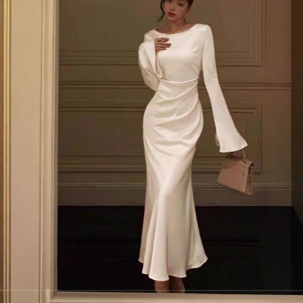 Elegant Bell-Sleeve Maxi Dress – Stretchy Acetate Evening Gown With Fishtail Hem (White/Black/Coffee/Mint Green, S-XL, 95% Acetate, Slinky Drape)_ecoleips.com