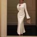 Elegant Bell-Sleeve Maxi Dress – Stretchy Acetate Evening Gown With Fishtail Hem (White/Black/Coffee/Mint Green, S-XL, 95% Acetate, Slinky Drape)_ecoleips.com