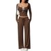 Women's 2-Piece Set Sexy Ribbed Crop Top With High-Waisted Pants Off-Shoulder Long Sleeve Turtleneck Outfit For Fall Winter_ecoleips.com