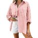 Women's Clothing Women's Loose Fitting Collar Striped Shirt Spring Summer Roll Up Sleeves Pocket Detail For Formal & Casual_ecoleips.com