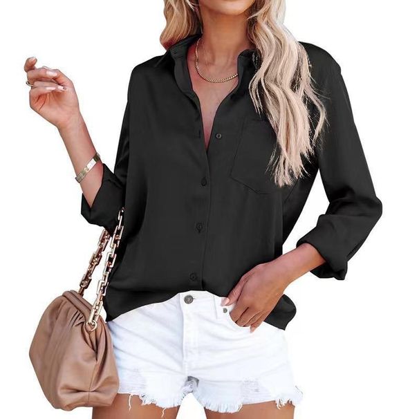 Voya In-stock European And American Women's Clothing 2023 Spring New Satin Long-sleeve V-neck Office Business Shirt_ecoleips.com