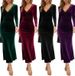 2025 Autumn Winter Women's Velvet V-neck Pleated Bodycon Elegant Mermaid Slim Fit Dress Evening Gown_ecoleips.com