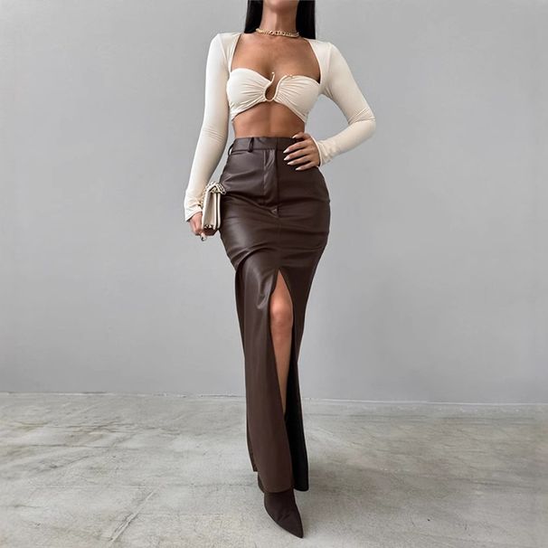 Verve Women's Clothing 2025 Design Sense Split Solid Color High Waist Simple Leather Slim Fit Midi Skirt_ecoleips.com