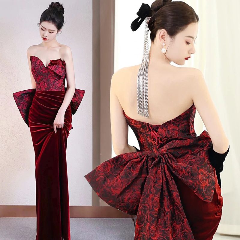 Elegant Retro French Style Burgundy Wedding Dress High-End Suitable for Brides Engagement Parties Toasting And Emcee Performance Evening Gown_ecoleips.com