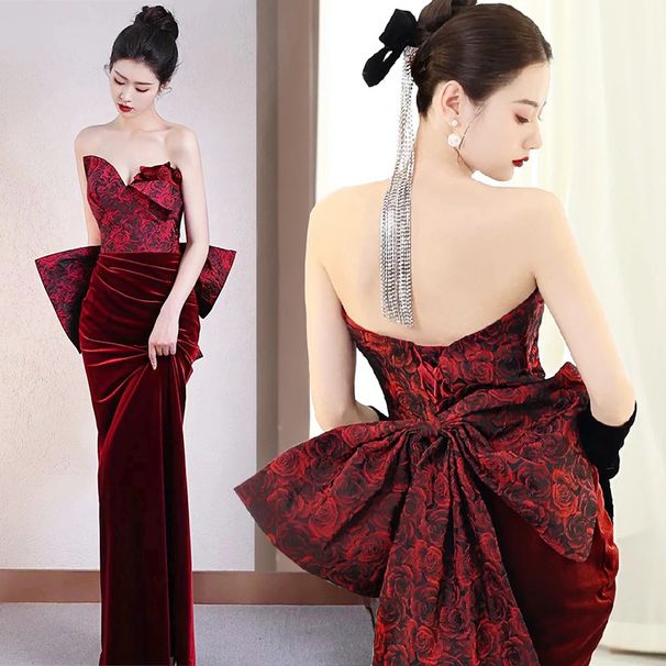 Elegant Retro French Style Burgundy Wedding Dress High-End Suitable for Brides Engagement Parties Toasting And Emcee Performance Evening Gown_ecoleips.com