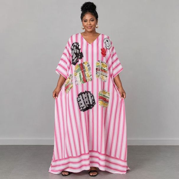 African Women's plus Size Long Dress V Neck Striped Slimming Loose Style Vacation Clothing New 2026 in Stock_ecoleips.com