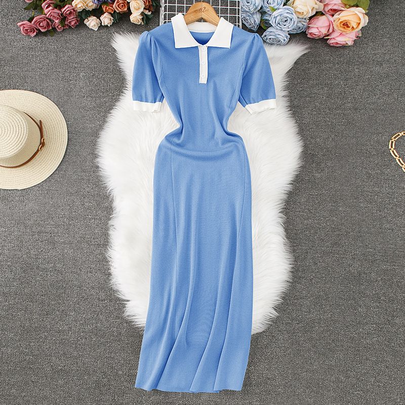 Women's Clothing Short Sleeved Polo Collar Knitted Dress For Women In Summer Slim And Elegant Slim Fitting In Mid Length Sweater Dress_ecoleips.com