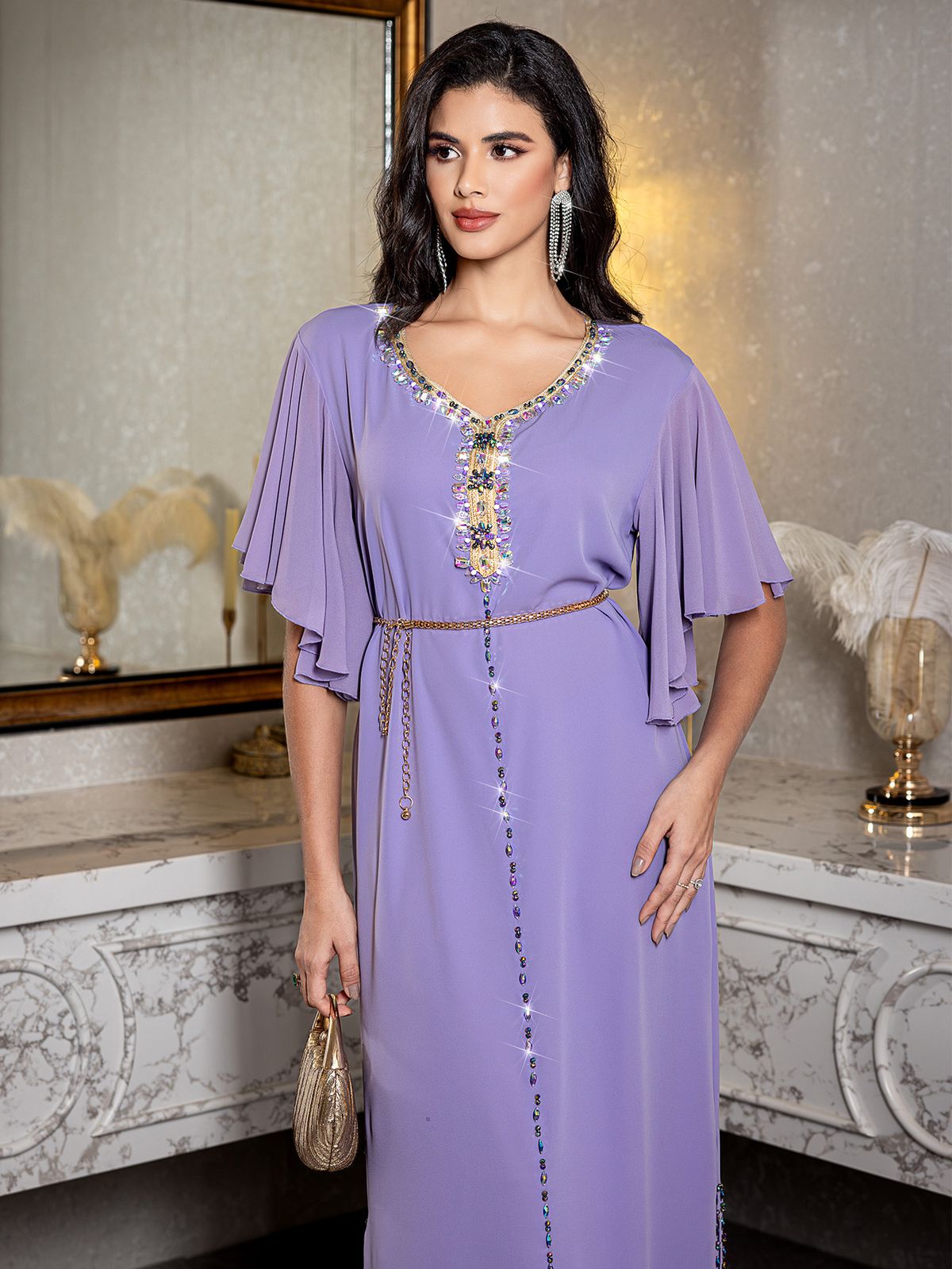 Ba3072-1 Lilac Purple Bell-Sleeve Hand-Stitched Rhinestone Side Women's Dress_ecoleips.com
