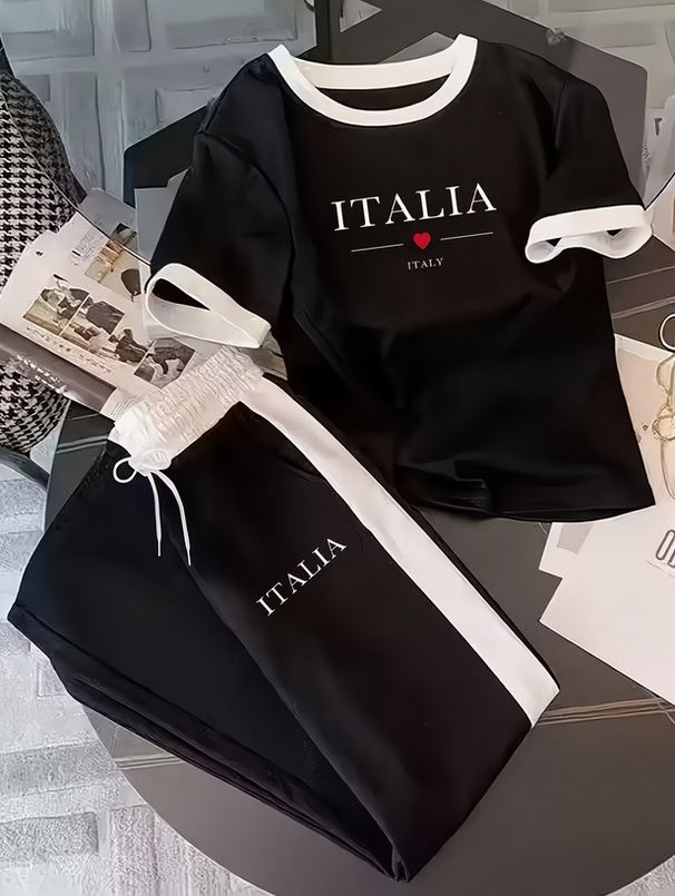 Women's Stylish Letter & Heart Print T-Shirt & Shorts Set – Italian-Inspired Casual Outfit_ecoleips.com
