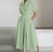 In Stock 2025 Solid Color Cotton-linen Elastic High-waisted Elegant College Style Short-sleeved_ecoleips.com