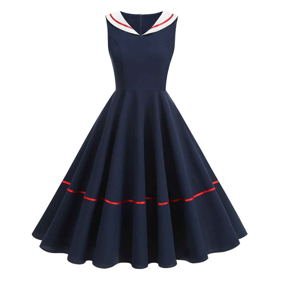 Retro Nautical Style mid Length Dress for Women Ribbon Trimmed Hepburn Inspired Full Skirted Elegant Sophisticated Summer Dress_ecoleips.com