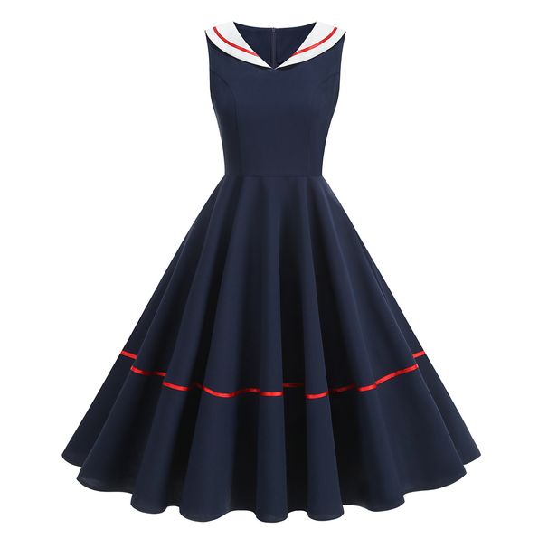 Retro Nautical Style mid Length Dress for Women Ribbon Trimmed Hepburn Inspired Full Skirted Elegant Sophisticated Summer Dress_ecoleips.com