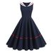 Retro Nautical Style mid Length Dress for Women Ribbon Trimmed Hepburn Inspired Full Skirted Elegant Sophisticated Summer Dress_ecoleips.com