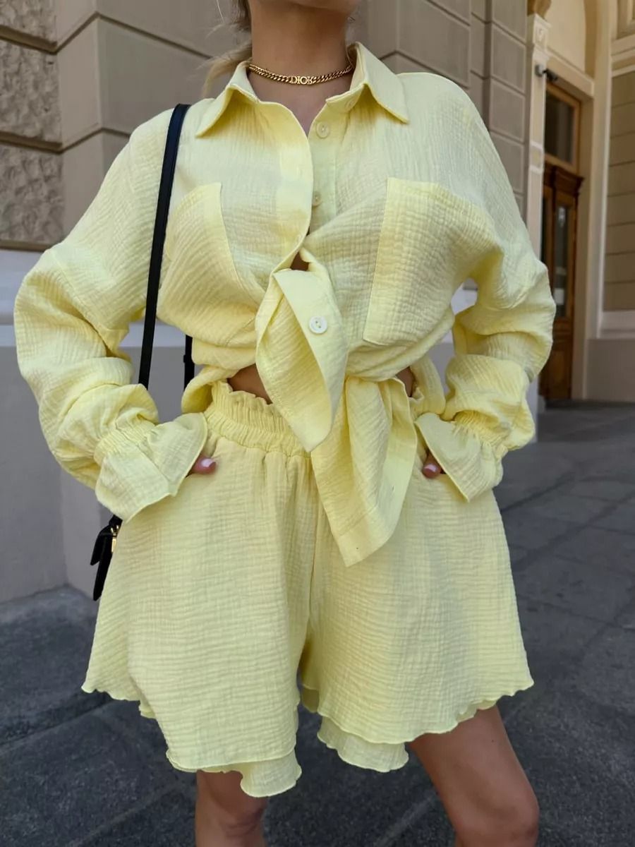 Women's Clothing New Long Sleeved Ruffled French Shirt Double Layer Casual Shorts Suit_ecoleips.com