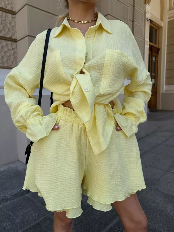 Women's Clothing New Long Sleeved Ruffled French Shirt Double Layer Casual Shorts Suit_ecoleips.com