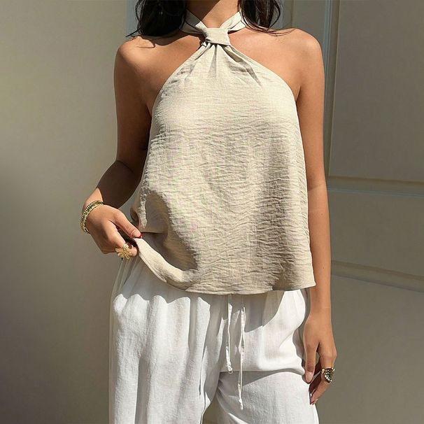 Voya Women's New Style Hanging Neck Camisole Vest Women's French Retro Twisted Backless Loose Sleeveless Top_ecoleips.com