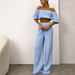 Women's European American Two Piece Suit Pure Cotton Wrinkled Cloth High Waist Wide Leg Pants Short Sleeved Top Solid Color Summer Casual_ecoleips.com