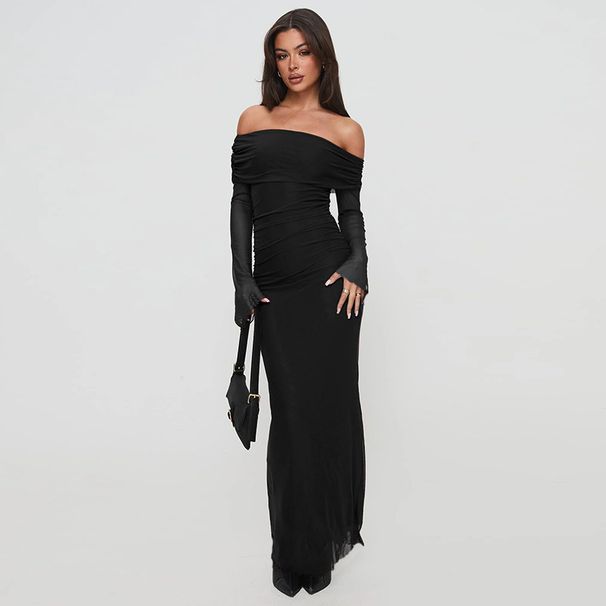 Women's Elegant Slim Mesh See through off Shoulder Dress Solid Color European American Fashion New Summer 2025_ecoleips.com