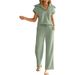 Summer Casual Sports Suit For Women Zipper Short Sleeve Sweatshirt And Wide Leg Pants Two Piece Set_ecoleips.com