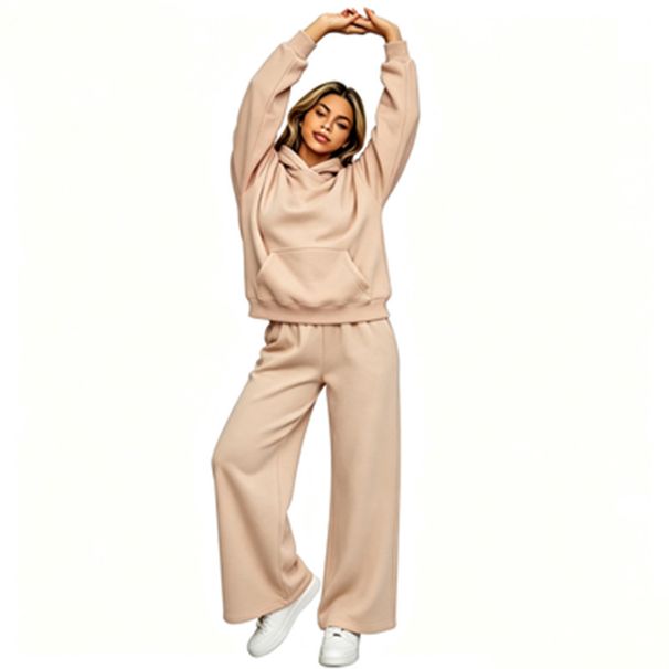 Women's Fleece Lined Tracksuit Comfortable Running Set Casual Wide Leg Pants Drop Shoulder Sleeves Matching Color for Autumn Winter_ecoleips.com
