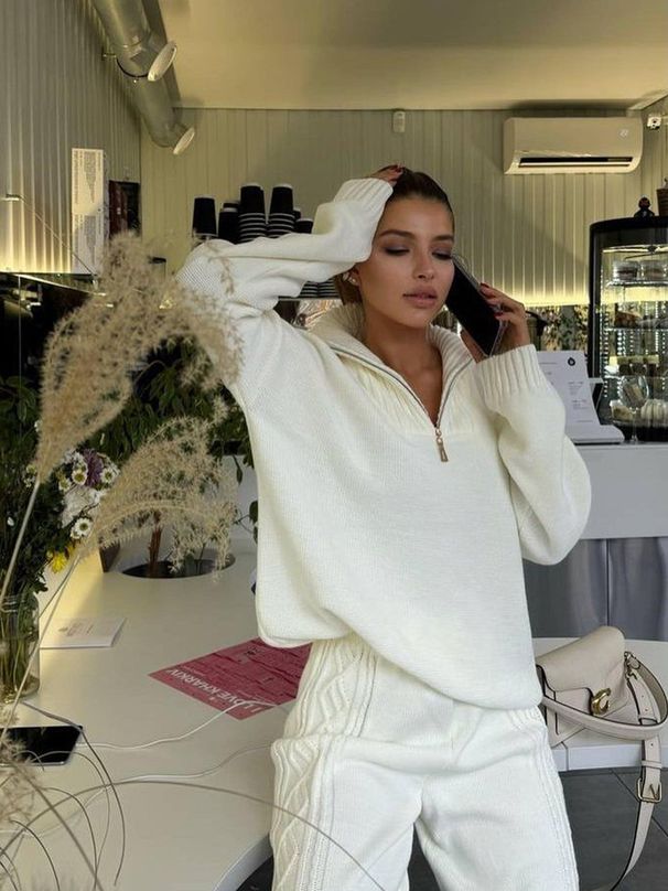 Autumn And Winter Women's Fashion Long-sleeved Lapel Knitted Sweater Trousers Set Casual Knitted Semi-zipper Jumper Set_ecoleips.com