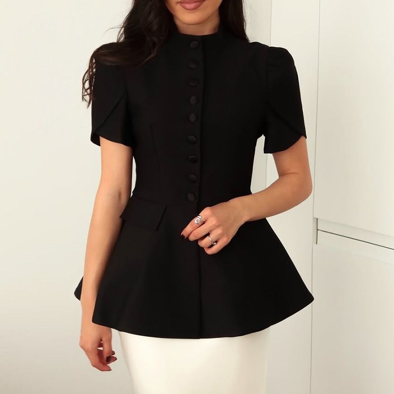 Summer Women's Solid Color Slim Fit Short Sleeve Suit Jacket Stand Collar Button Down Style Outerwear_ecoleips.com