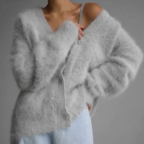 Women's Clothing Autumn And Winter Mink V Neck Knitted Sweater For Women New Loose Solid Color Cardigan Female Coat_ecoleips.com